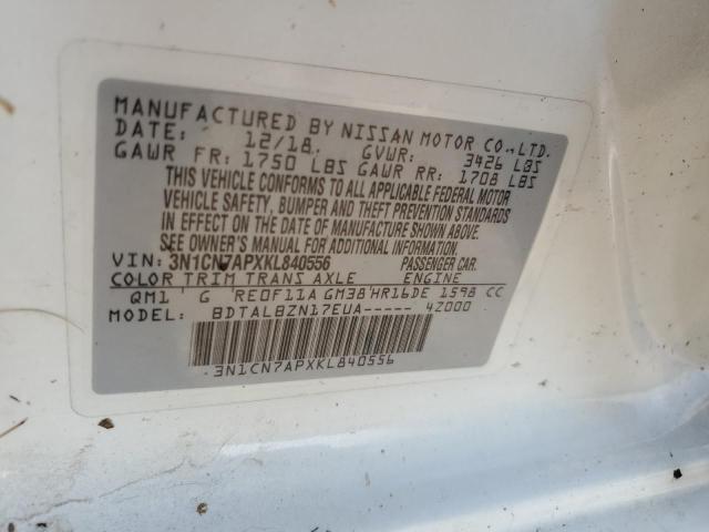 3N1CN7APXKL840556 - 2019 NISSAN VERSA S أبيض صورة 12