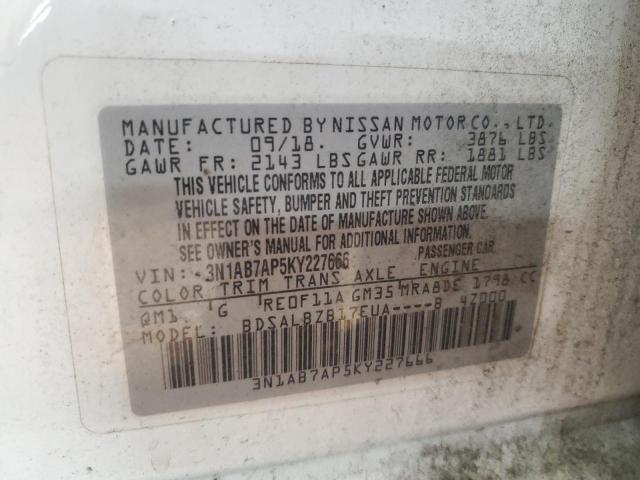 3N1AB7AP5KY227666 - 2019 NISSAN SENTRA S თეთრი ფოტო 12