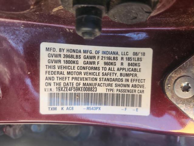 19XZE4F59KE008823 - 2019 HONDA INSIGHT EX მუქწითელი ფოტო 12
