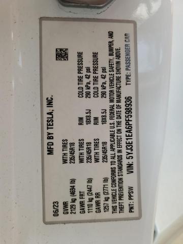 5YJ3E1EA6PF598936 - 2023 TESLA MODEL 3 WHITE photo 13