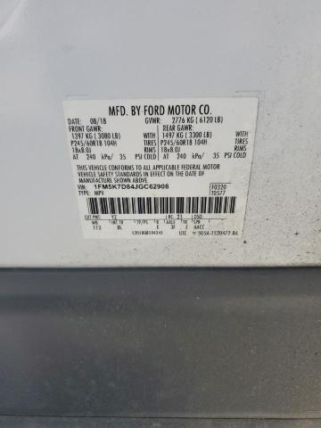 1FM5K7D84JGC62908 - 2018 FORD EXPLORER XLT Blanc photo 13