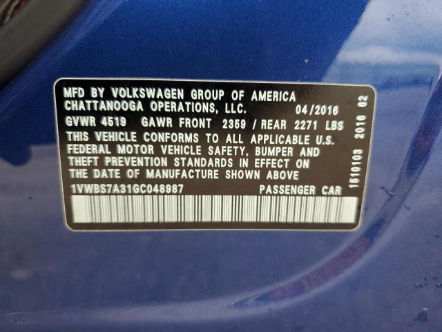 1VWBS7A31GC048987 - 2016 VOLKSWAGEN PASSAT SE BLUE photo 12