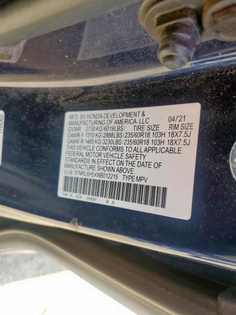 5FNRL6H5XNB012215 - 2022 HONDA ODYSSEY EX BLUE photo 14