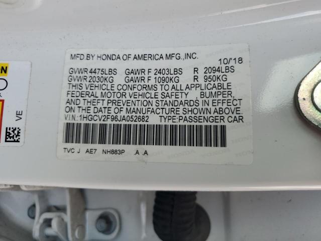 1HGCV2F96JA052682 - 2018 HONDA ACCORD TOURING WHITE photo 12