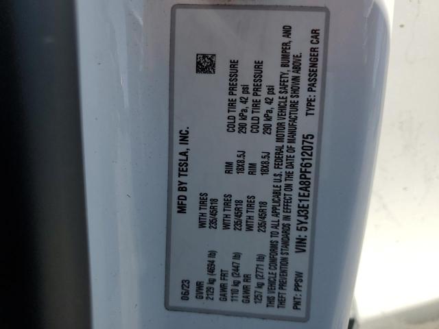 5YJ3E1EA8PF612075 - 2023 TESLA MODEL 3 WHITE photo 12