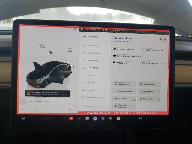 5YJ3E1EBXNF174911 - 2022 TESLA MODEL 3 Boz foto 9