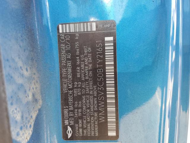 WMWSV3C50BTY21651 - 2011 MINI COOPER S BLUE photo 12