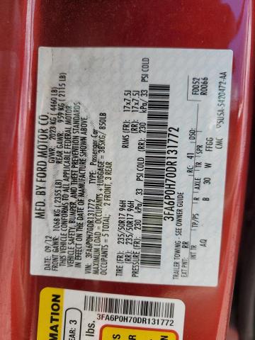 3FA6P0H70DR131772 - 2013 FORD FUSION SE RED photo 12