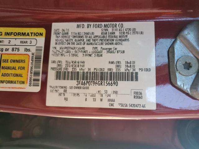 3FA6P0T96GR156690 - 2016 FORD FUSION SE 勃艮第红 照片 12