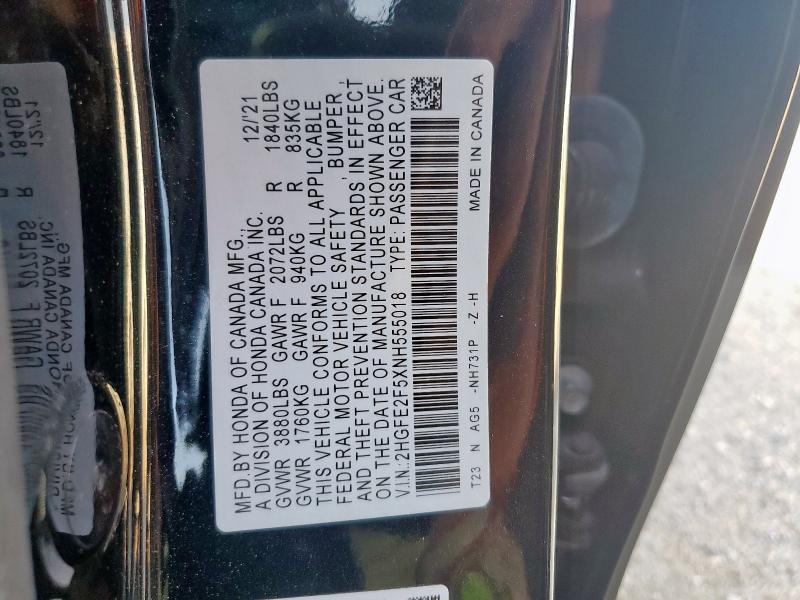 2HGFE2F5XNH555018 - 2022 HONDA CIVIC SPORT Noir photo 13