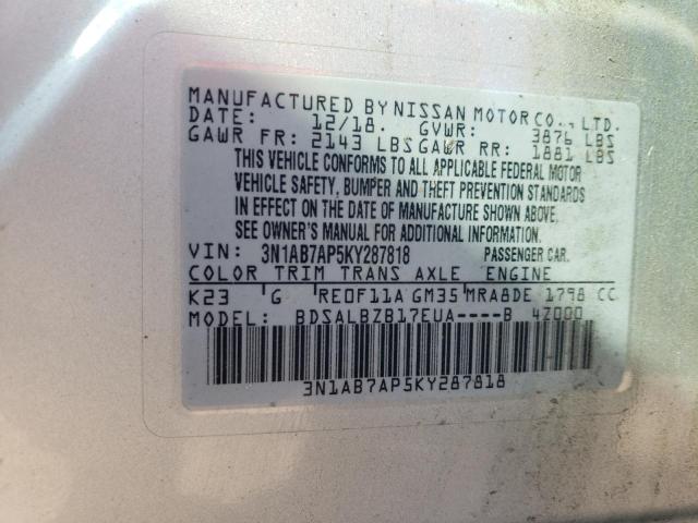 3N1AB7AP5KY287818 - 2019 NISSAN SENTRA S SILVER photo 12