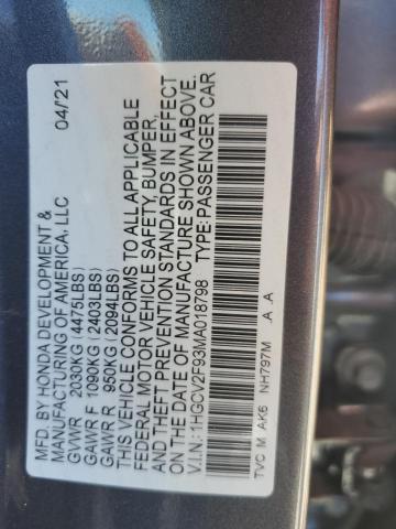 1HGCV2F93MA018798 - 2021 HONDA ACCORD TOURING ნაცრისფერი ფოტო 12