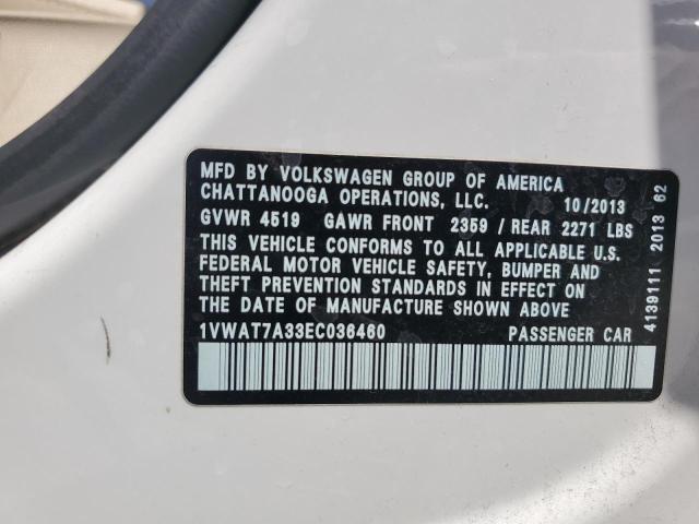 1VWAT7A33EC036460 - 2014 VOLKSWAGEN PASSAT S WHITE photo 12