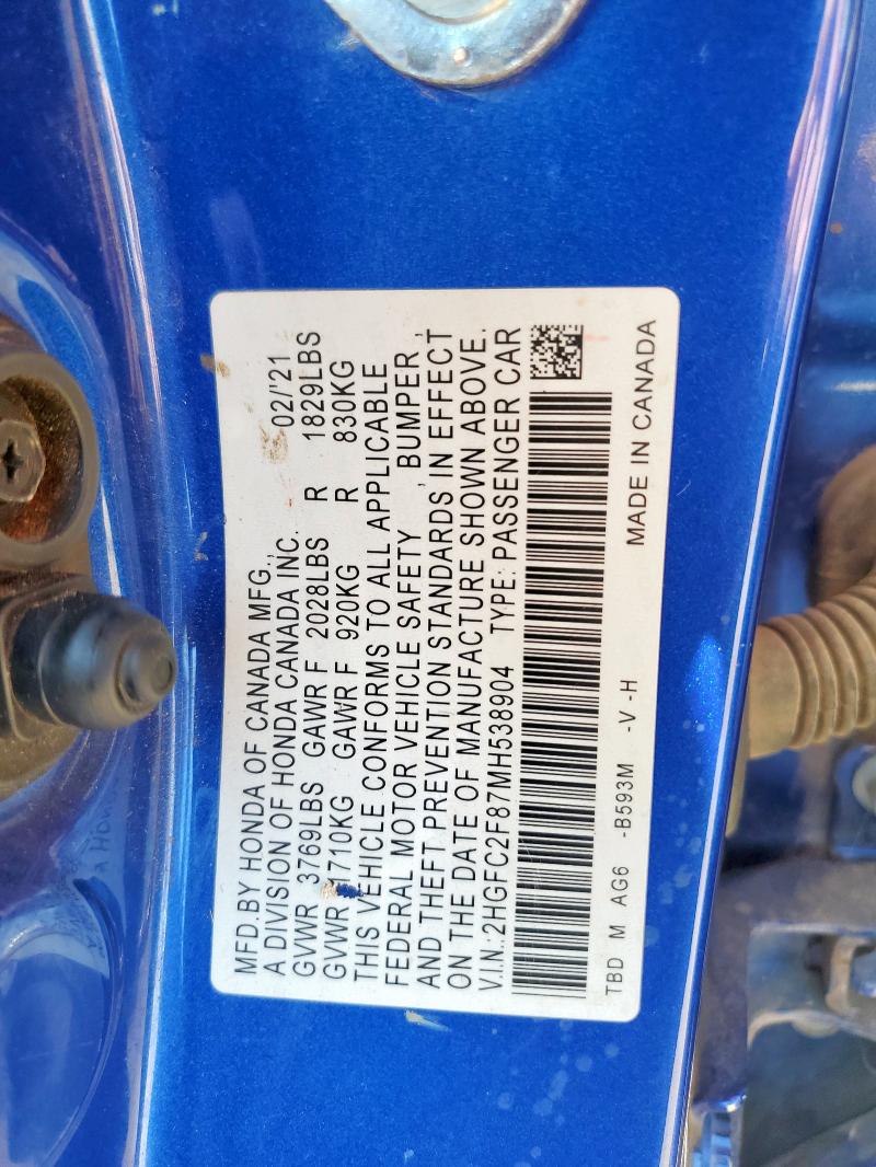 2HGFC2F87MH538904 - 2021 HONDA CIVIC SPORT Blau Foto 12