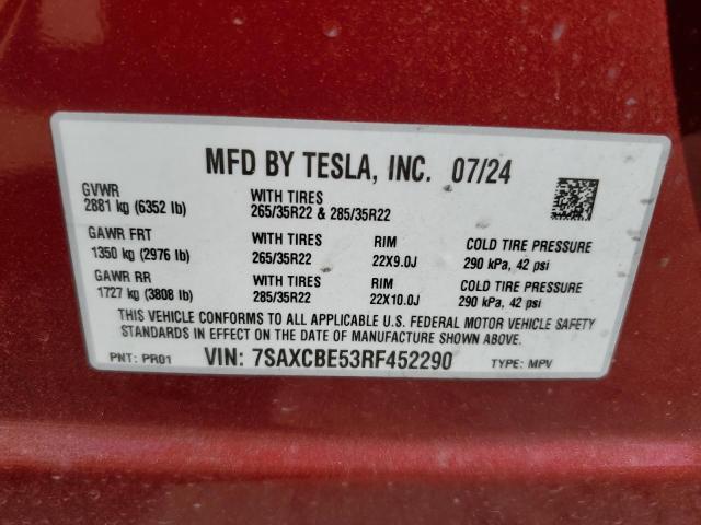 7SAXCBE53RF452290 - 2024 TESLA MODEL X 红色 照片 14