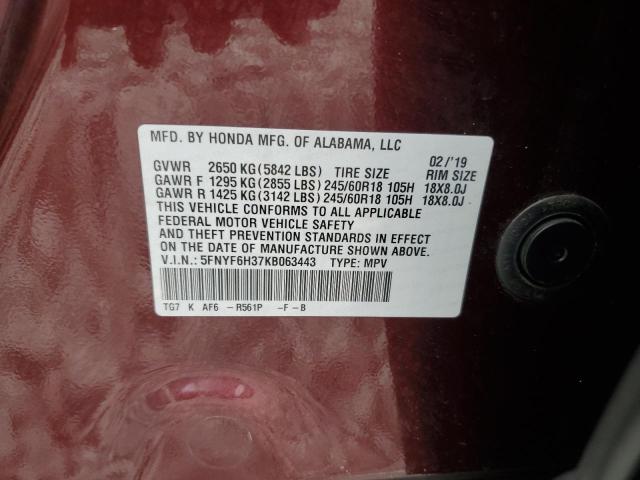 5FNYF6H37KB063443 - 2019 HONDA PILOT EX BURGUNDY photo 14