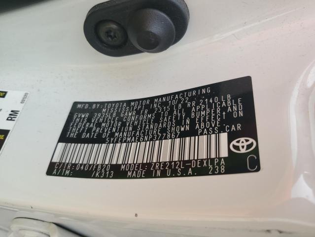 5YFEPMAE6NP377867 - 2022 TOYOTA COROLLA LE Білий фото 13