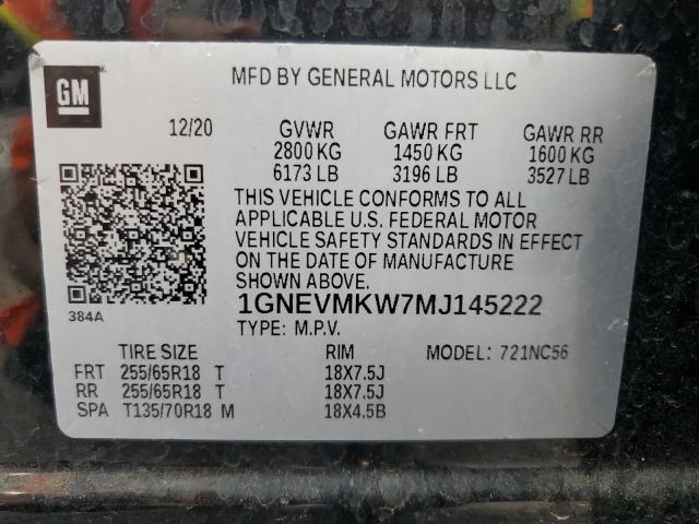 1GNEVMKW7MJ145222 - 2021 CHEVROLET TRAVERSE LT BLACK photo 13