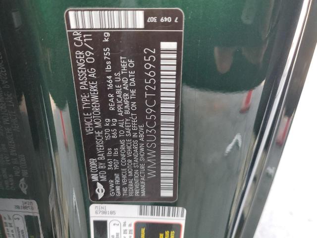 WMWSU3C59CT256952 - 2012 MINI COOPER მწვანე ფოტო 12