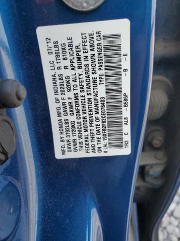 19XFB2F82CE078403 - 2012 HONDA CIVIC EX BLUE photo 12