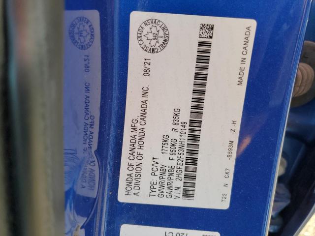 2HGFE2F53NH110149 - 2022 HONDA CIVIC SPORT BLUE photo 13