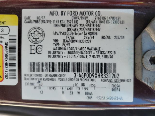 3FA6P0D9XHR331202 - 2017 FORD FUSION TITANIUM 勃艮第红 照片 12