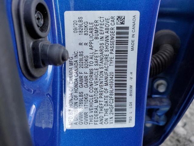 2HGFC2F89LH593420 - 2020 HONDA CIVIC SPORT 蓝色 照片 12