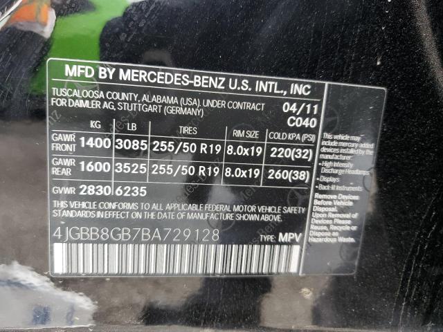 4JGBB8GB7BA729128 - 2011 MERCEDES-BENZ ML 350 4MATIC BLACK photo 14