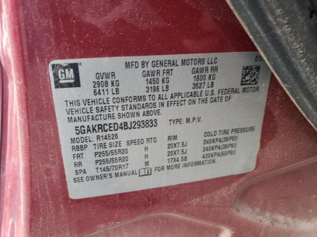 5GAKRCED4BJ293833 - 2011 BUICK ENCLAVE CXL RED photo 12