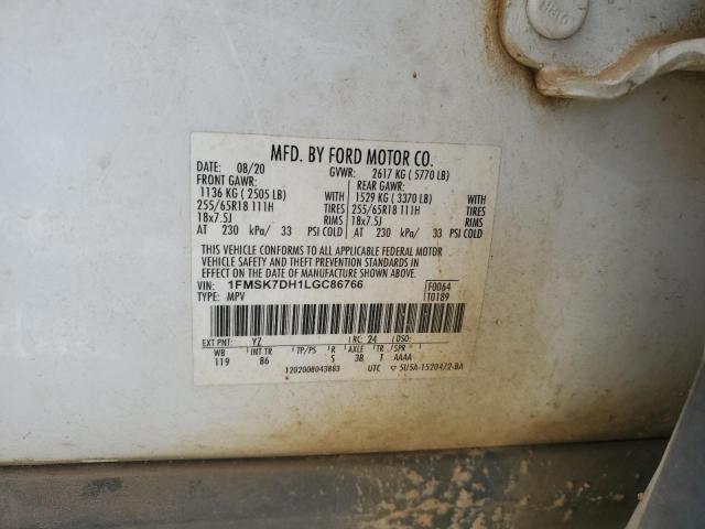 1FMSK7DH1LGC86766 - 2020 FORD EXPLORER XLT 白色 照片 13