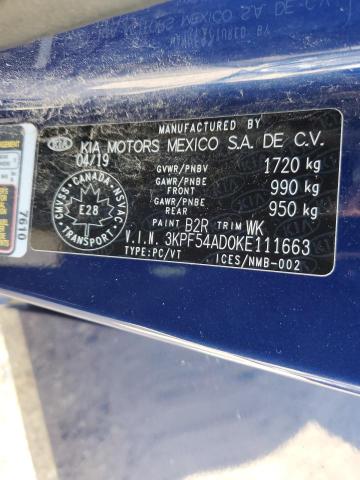 3KPF54AD0KE111663 - 2019 KIA FORTE EX BLUE photo 12