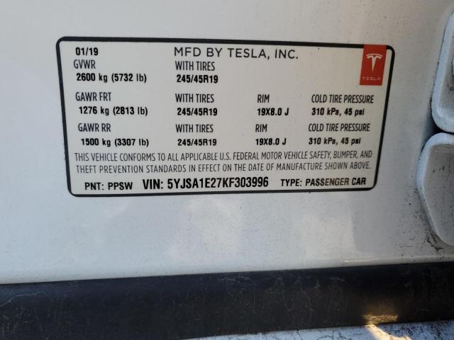 5YJSA1E27KF303996 - 2019 TESLA MODEL S Սպիտակ լուսանկար 13