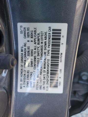 2HGFC2F80KH545710 - 2019 HONDA CIVIC SPORT Szary zdjęcie 12