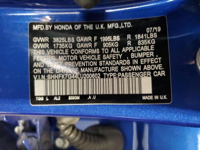 SHHFK7G44LU200602 - 2020 HONDA CIVIC SPORT ლურჯი ფოტო 12