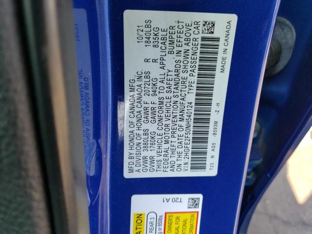 2HGFE2F50NH540124 - 2022 HONDA CIVIC SPORT BLUE photo 12