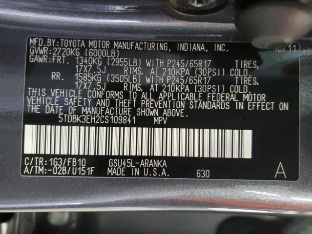 5TDBK3EH2CS109841 - 2012 TOYOTA HIGHLANDER BASE GRAY photo 14