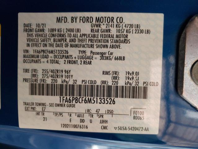 1FA6P8CF6M5133526 - 2021 FORD MUSTANG GT BLUE photo 12