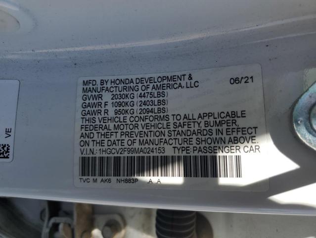1HGCV2F99MA024153 - 2021 HONDA ACCORD TOURING Ağ foto 12