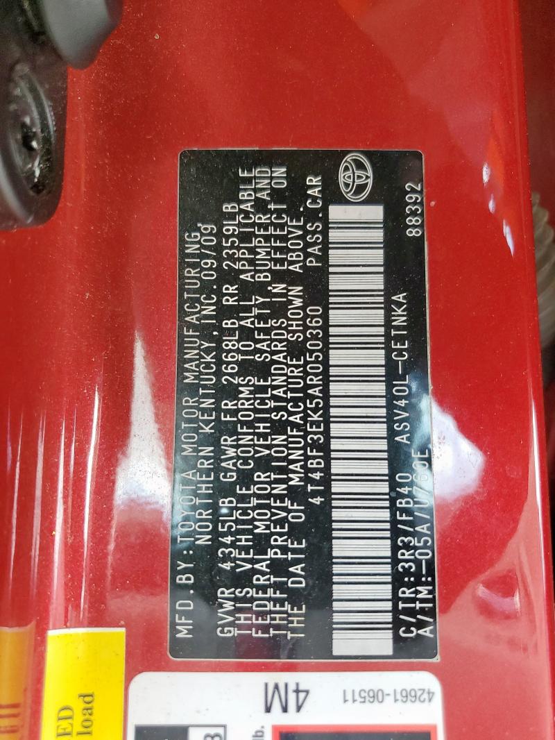 4T4BF3EK5AR050360 - 2010 TOYOTA CAMRY BASE Красный фото 12