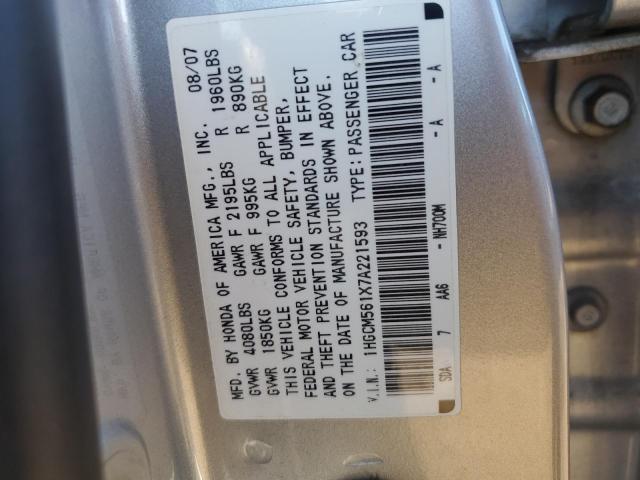 1HGCM561X7A221593 - 2007 HONDA ACCORD VALUE SILVER photo 12