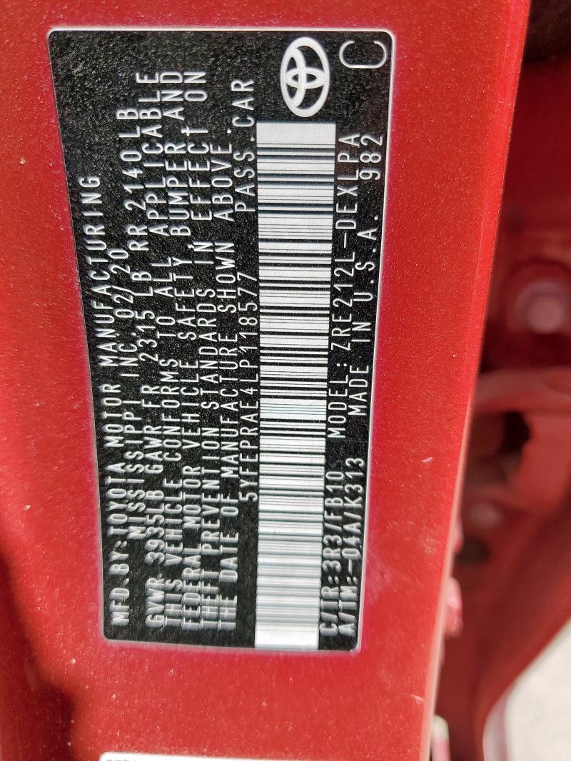 5YFEPRAE4LP118577 - 2020 TOYOTA COROLLA LE წითელი ფოტო 12