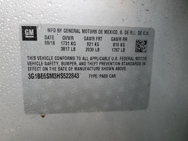 3G1BE6SM3HS522843 - 2017 CHEVROLET CRUZE LT 银色 照片 12