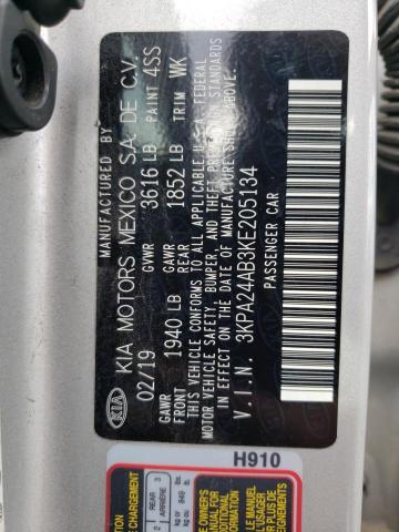 3KPA24AB3KE205134 - 2019 KIA RIO S SILVER photo 12