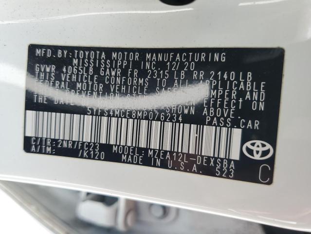 5YFS4MCE8MP076234 - 2021 TOYOTA COROLLA SE WHITE photo 12