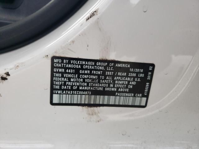 1VWLA7A31KC004973 - 2019 VOLKSWAGEN PASSAT WOLFSBURG WHITE photo 12