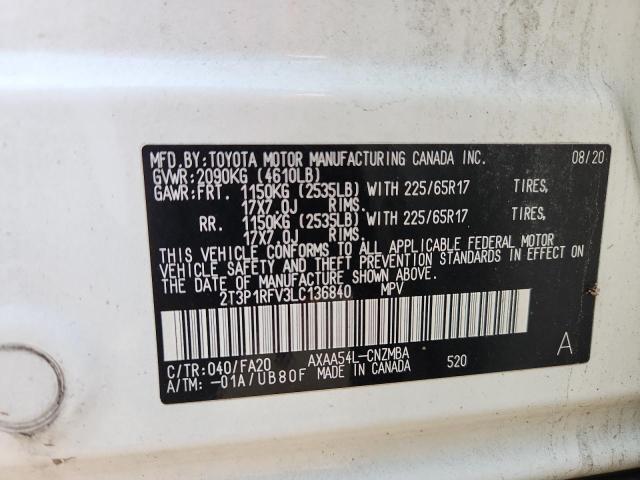 2T3P1RFV3LC136840 - 2020 TOYOTA RAV4 XLE WHITE photo 13