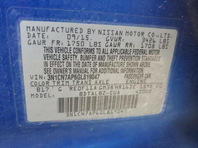 3N1CN7AP6GL819047 - 2016 NISSAN VERSA S BLUE photo 13