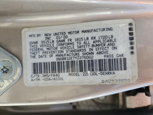 1NXBR12E7YZ376062 - 2000 TOYOTA COROLLA VE თაფლისფერი ფოტო 12