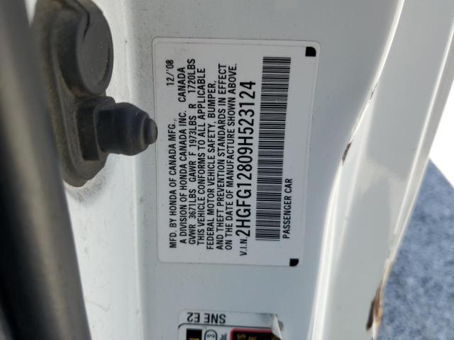 2HGFG12809H523124 - 2009 HONDA CIVIC EX WHITE photo 12