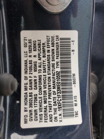 19XFC1F33ME010592 - 2021 HONDA CIVIC EX BLUE photo 12